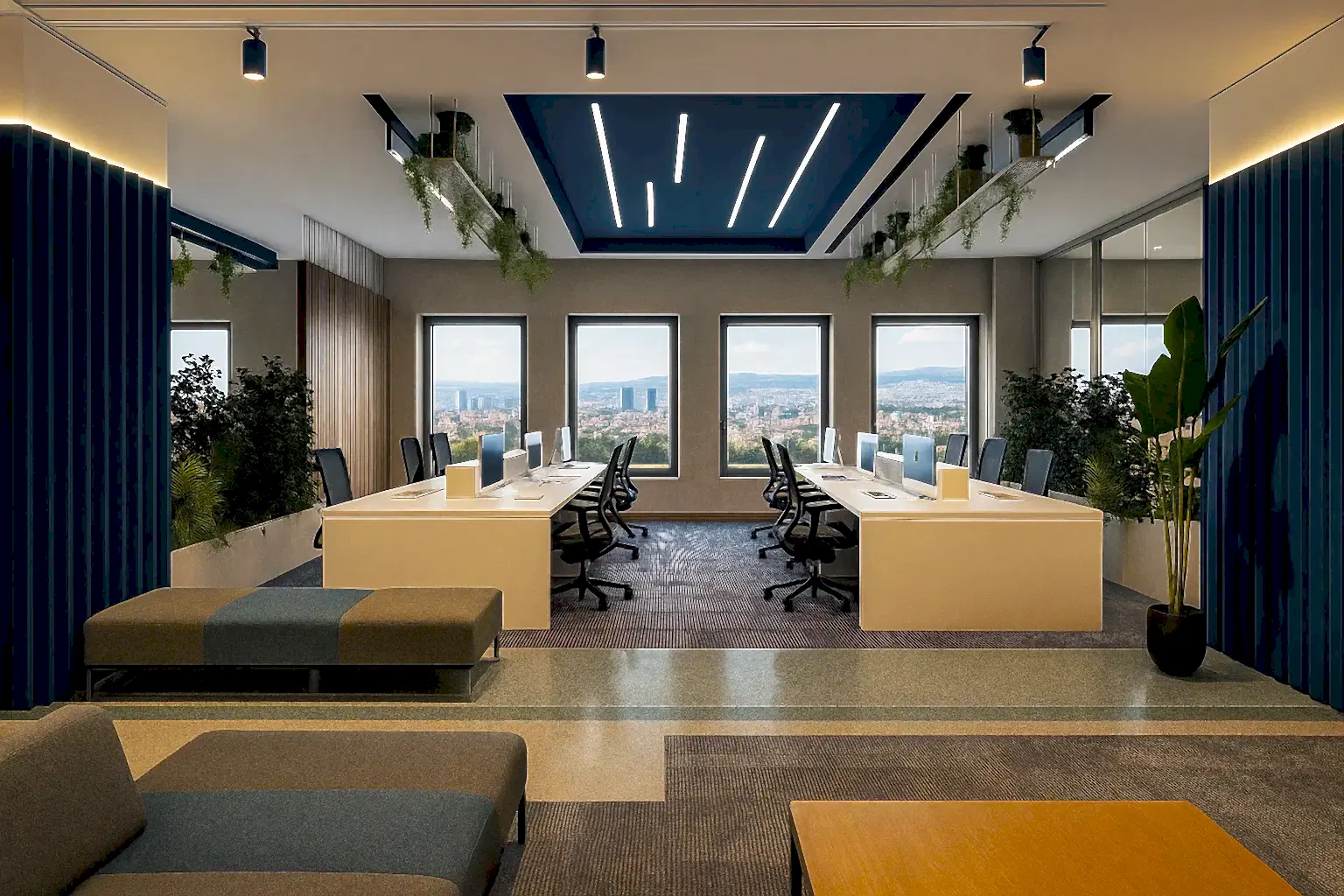 Modern ofis tasarımı, doğal ışık alan açık ofis düzeni ve ergonomik çalışma alanları